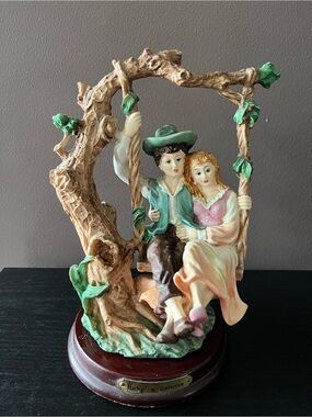 Romantic Couple Swing Porcelain Sculpture in Green and Pink